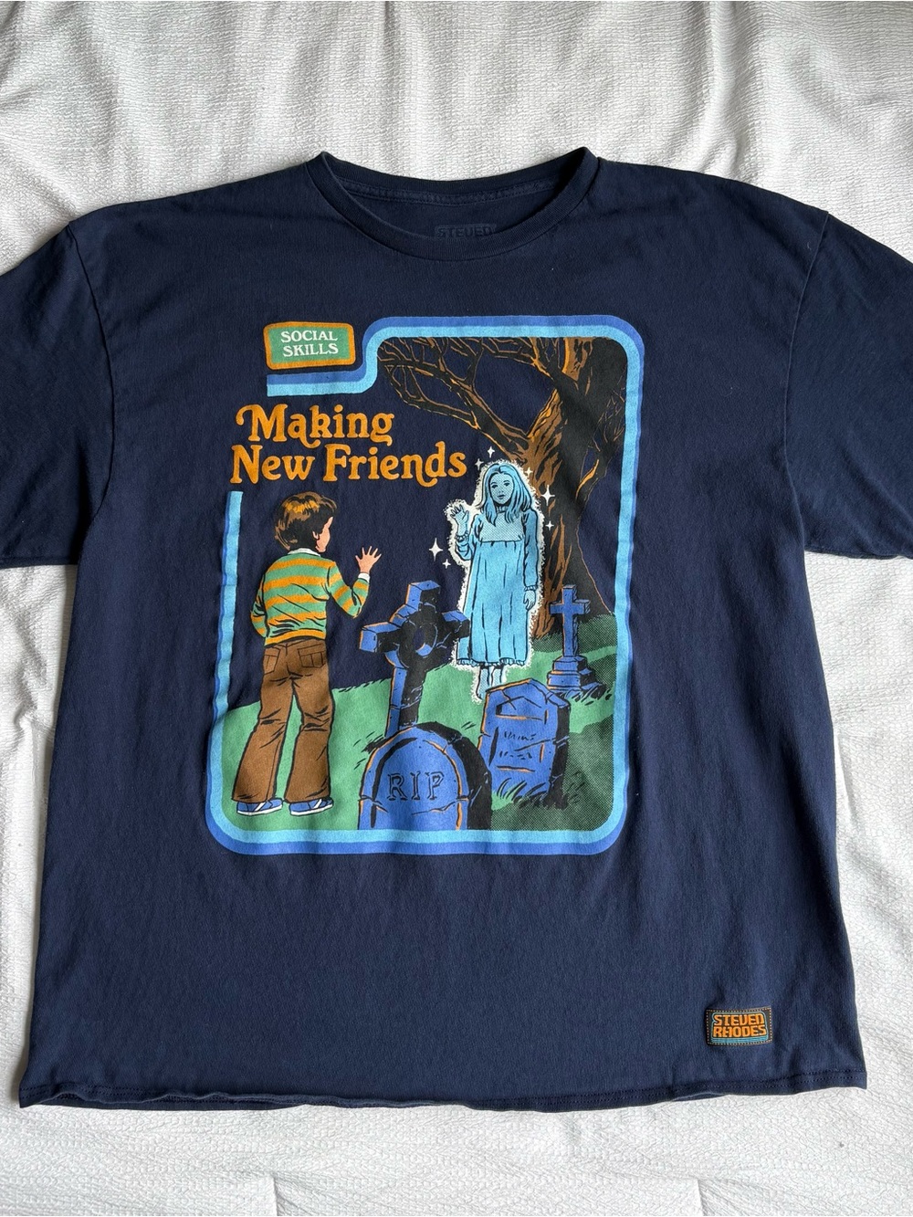 Steven Rhodes Making New Friends Graphic Tee Navy Blue Horror T-Shirt Size XL
